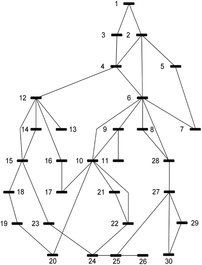 A diagram exhibits the connections of 30 small, horizontal lines. The horizontal line labeled 1 is observed at the top tier, while horizontal lines labeled 20, 24, 25, 26, and 30 are at the bottom, the ninth tier.