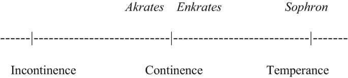 A line represents the 3 stages of self-regulation as incontinence, continence, and temperance. There are 3 labels in a foreign language.