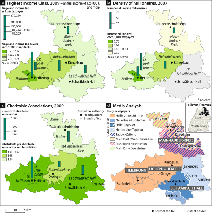 4 maps highlight the scale ranges for the highest income class, 2009, density of millionaires, 2007, charitable associations, 2009, and media analysis.