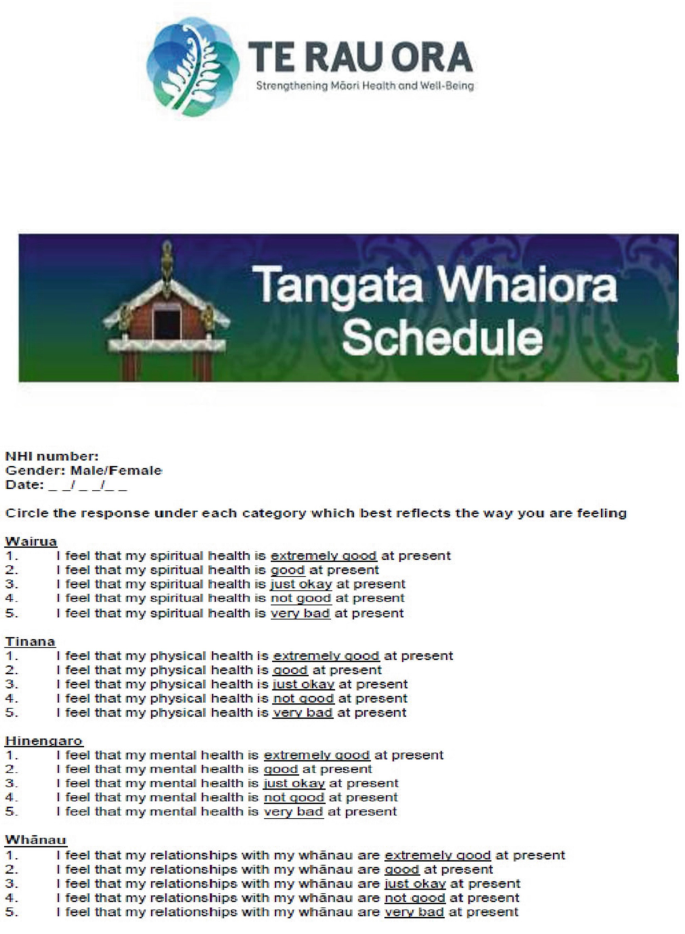 A questionnaire titled, Te Rua Ora, strengthening Maori health and well-being. Tangata Whaiora schedule. It contains 5 questions each in four categories on spiritual, physical and mental health, and relationships.