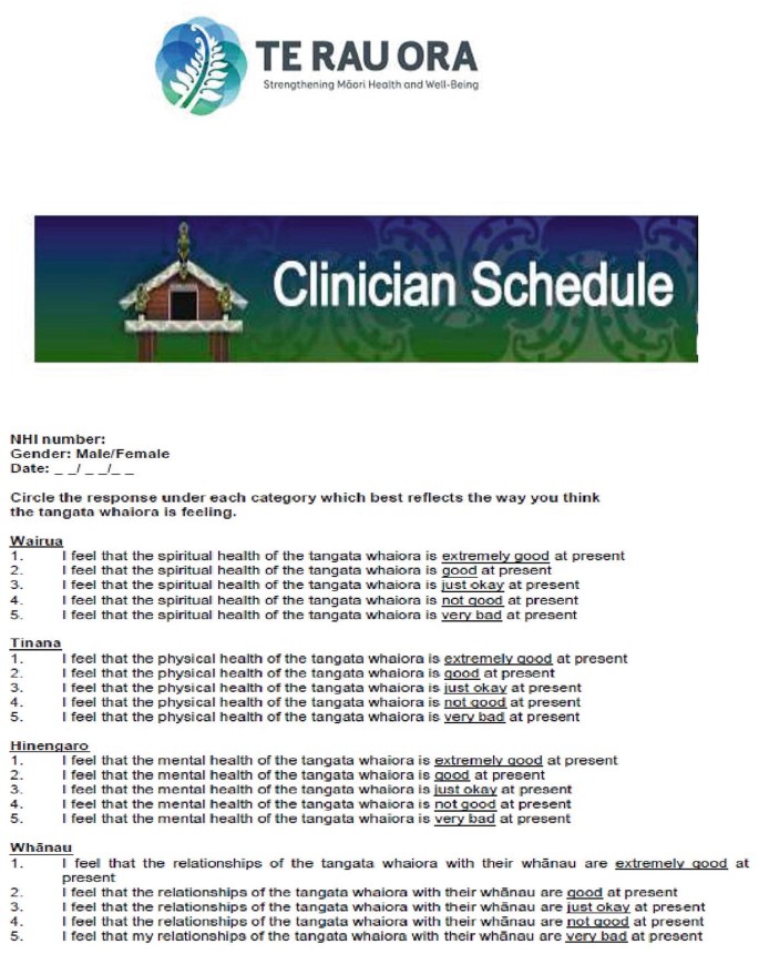 A questionnaire titled, Te Rua Ora, strengthening Maori health and well-being, Clinician schedule. It contains 5 questions each in four categories on spiritual, physical and mental health, and relationships.