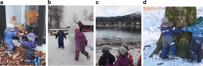 Four photographs of children playing with various natural elements inside and outside of the Bergen kindergarten.