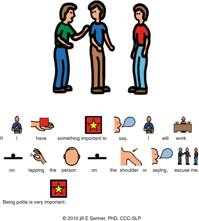 An illustration with 3 people talking to each other and various icons are illustrated below for each word in sentence, If I have something important to say I will work on tapping the person on the shoulder or saying excuse me. An illustration with a star in a square used in the sentence means Being polite is very important.