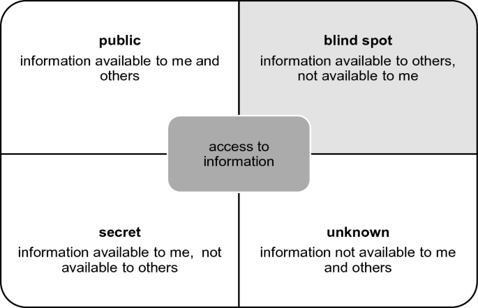 A 2-cross-2 matrix has access to information in the center with the top left, top right, bottom left, and bottom right cells labeled as public, blind spot, secret, and unknown, respectively.