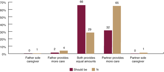 A grouped column chart depicts the percentage distribution of how fathers perceive and experience caregiving. The highest and lowest plotted values are as follows. Should be, both provides equal amounts, 66. Is, father sole provider, partner sole caregiver, 1.