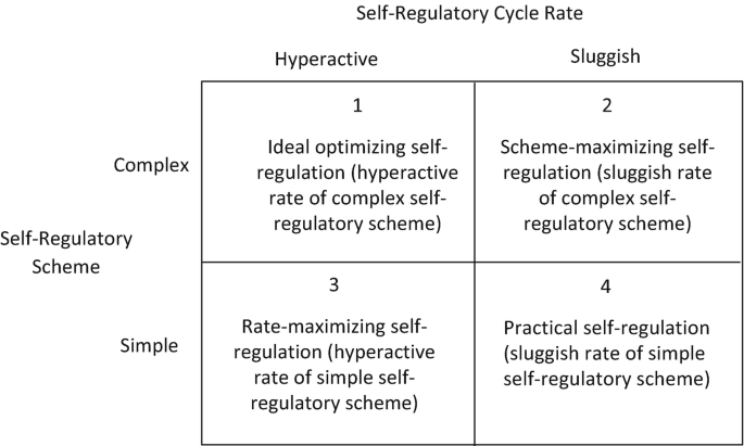 A matrix diagram presents 4 combinations of hyperactive and sluggish self-regulatory cycle rates with complex and simple self-regulatory schema.