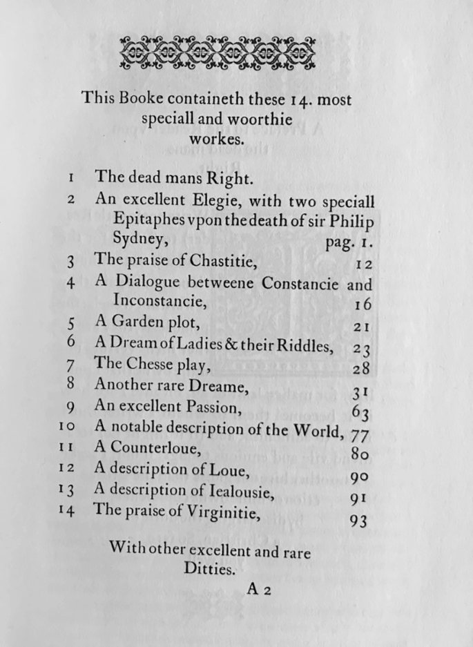 A text document represents this booke contains these 14 most special and woorthie workes with 14 headings and page numbers.