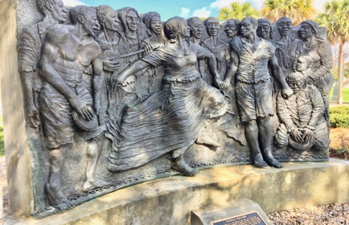 A photograph of a sculpture of a group of people. A sculpture represents a set of people in a row and holds a woman and a man.