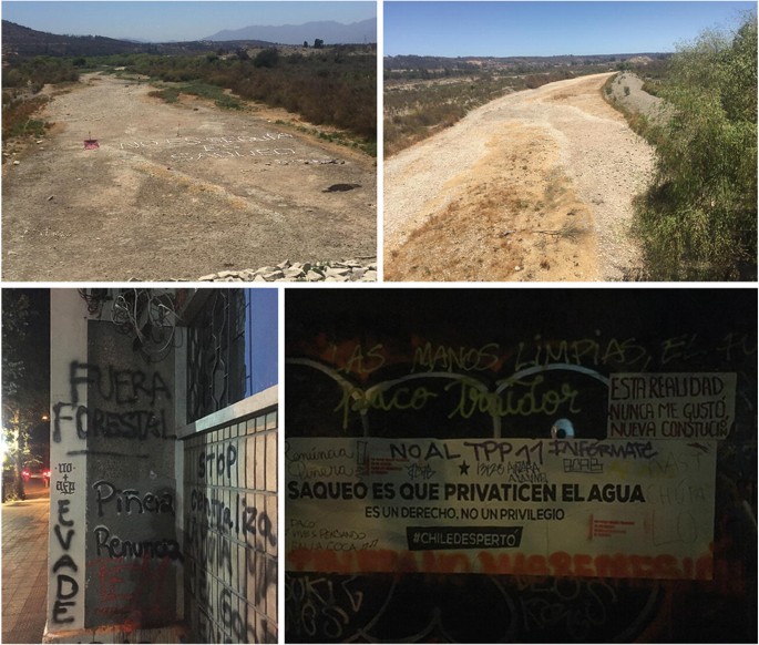 Four photographs. The first two depicts a fully dried up river. The other two photographs depict the messages against forestry corporations and water privatization written on the walls.