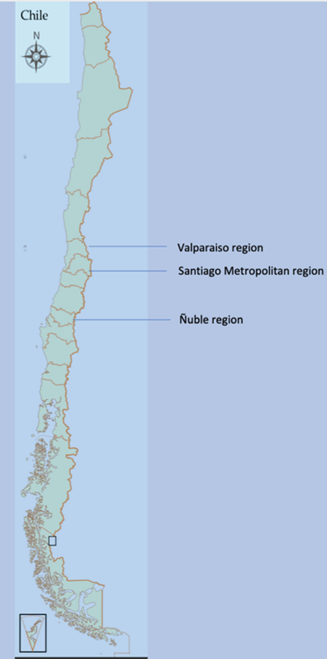 A map of Chile highlights the location of fieldwork in the Valparaíso, Santiago, and Nuble regions.