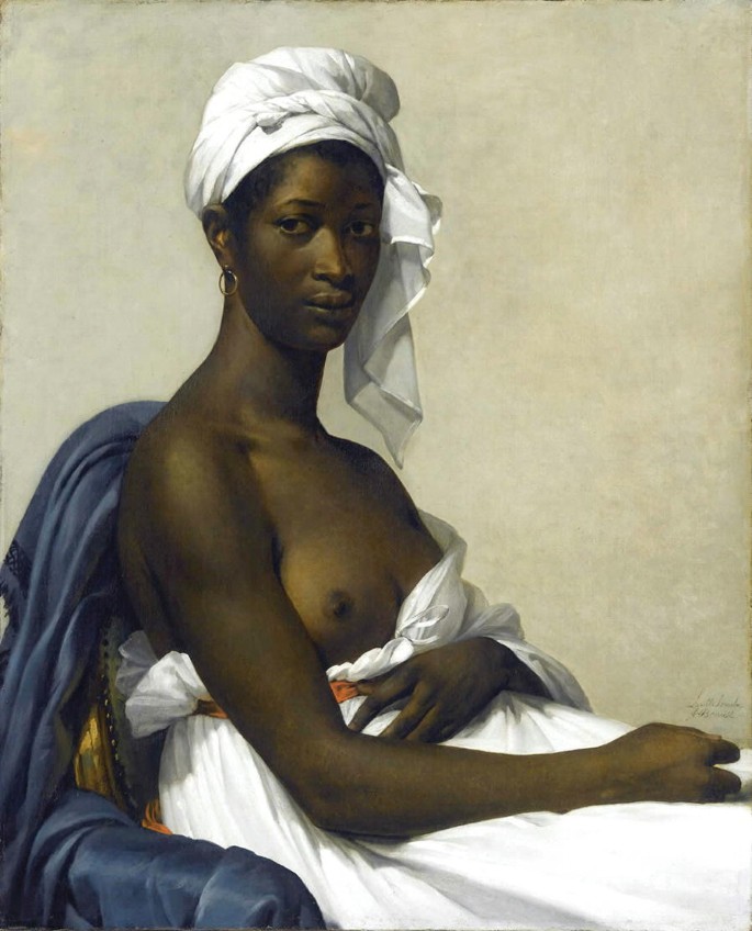 A portrait of a woman with a turban on her head. She is seated, exposing one of her bare breasts.
