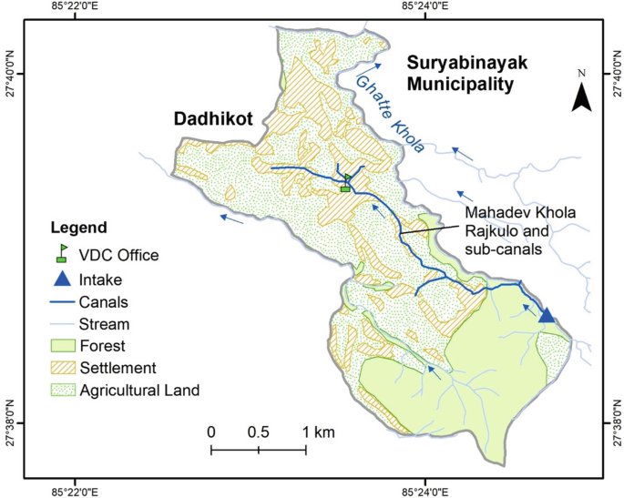 A map of Dadhikot titled Suryabhinayak municipality highlights a V D C office in the center, forests in the south, and the Mahadev Khola Rajkulo and sub-canals from the center to the southeast.