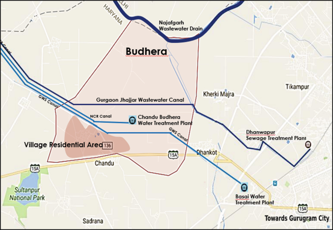 A map highlights Budhera with the Gurgaon Jhajjar wastewater canal, N C R canal, Chandu Bhudera water treatment plant, and village residential area from top to bottom.