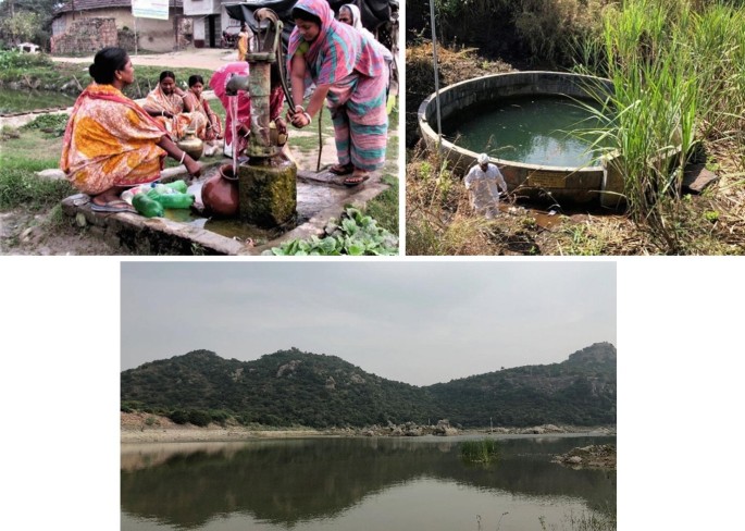 A collage of three photos. The top left is of q group of women near a hand pump. The top right is a giant well. A man with a turban walks by it. The bottom is a landscape view of hills by a riverside.