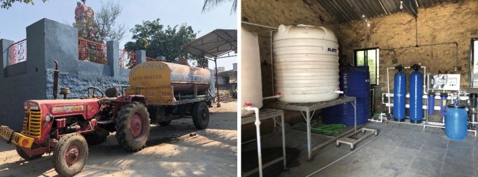 A collage of two photos. The left is a water tank. The right is an inside view of a hut with a setup consisting of water tanks and cylinders.