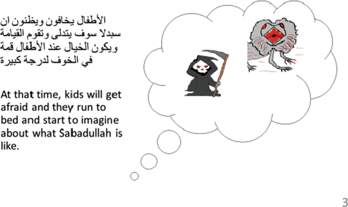 An illustration of a dream with two fearful cartoons and the text near the cartoon reads, At the time, kids will get afraid and they run to bed to imagine what Sabadullah is like. The text at the top is in a foreign language.