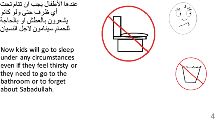 An illustration of a no toilet, no water, and fearful face sign and the text near the signs read: Now kids will go to sleep under any circumstances even if they feel thirsty or they need to go to the bathroom or to forget about Sabadullah. The text at the top is in a foreign language.