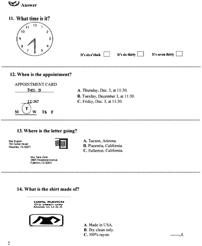 A page asks you to choose the correct answer for the questions. The questions are given with three options. What time is it?, What is the appointment?, Where is the letter going?, and what material is the shirt made of?