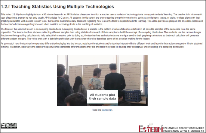 A screenshot depicts read and watch material. It includes the text below the topic, teaching statistics using multiple technologies, and a photograph with the text all students plot their sample data.