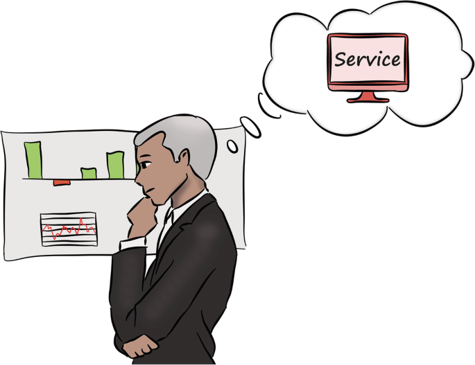 A cartoon drawing of a person in a suit is thinking about how to manage the customer's needs. It represents the importance of the link back to manufacturing with services.