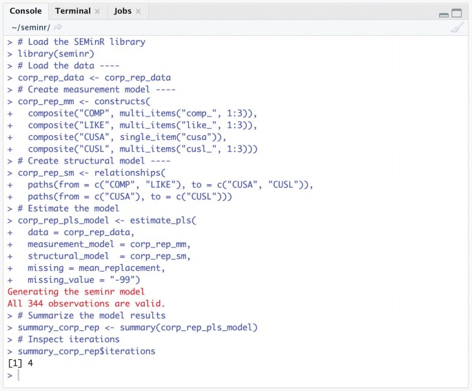 A screenshot of a console window displays the loading of the SEMinR library, the summary of model results, and inspecting iterations.