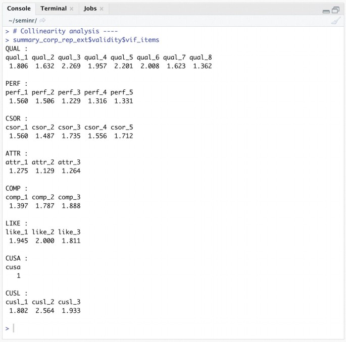 A screenshot of a console window displays the collinearity analysis on Q U A L, P E R F, C S O R, A T T R, C O M P, L I K E, C U S A, and C U S L.