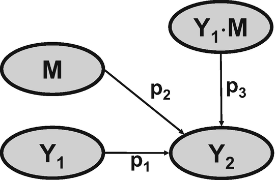 An illustration of moderation. The moderating effect p 3 is represented by an arrow connecting Y 1 M and Y 2, an arrow connecting from M to Y 2 is p 2, and Y 1 to Y 2 is labeled p1.