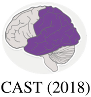 An illustration of a brain with the central region highlighted is captioned, cast, 2018.