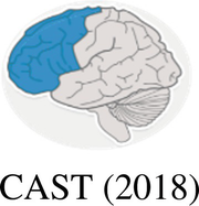 An illustration of a brain with the left region highlighted, has the text, cast, 2018 below it.