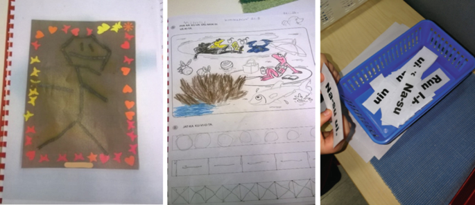 A collage of three photos. The left is a child's drawing of a man. The middle is a child's drawing of frogs and fishes. The right is of a basket with paper chits in it.