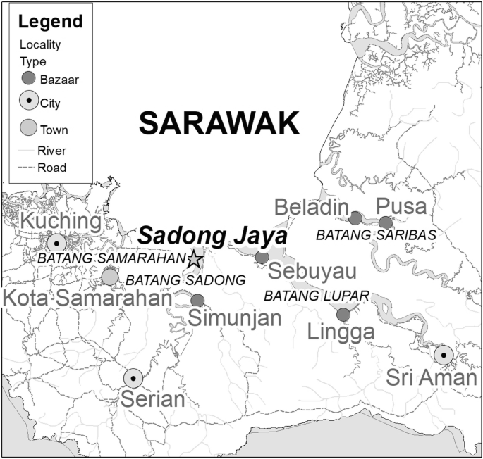 A map of Sarawak, Sadong Jaya in Malaysia. The bazaar, city, town, road, and river are marked.