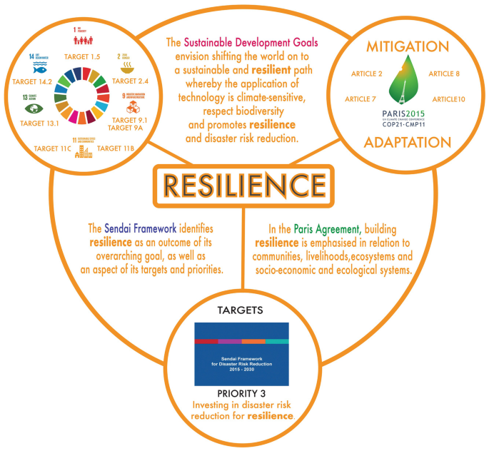 A circle model depicts resilience with sustainable development goals, the Sendai framework, and the Paris Agreement. It also includes Mitigation, adaptation, and targets.