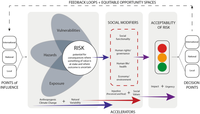 A model depicts the feedback loops plus equitable opportunity spaces with points of influence, risk, accelerators, social modifiers, and acceptability of risk.