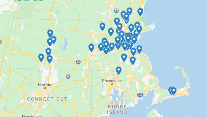 A map highlights the locations in Massachusetts. Connecticut and Rhode Island are located on the map.