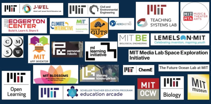 A compilation of logos includes M I T Be, M I T blossoms, M I T museum, M L learning initiative, personal robots, teaching systems lab, and Edgerton Center.