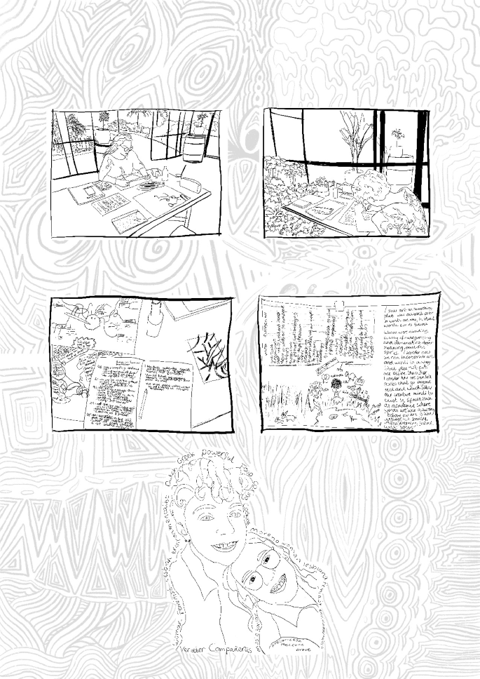 A set of 4 comic drawings and a cartoon of two women, Rosa and Lillian. The comic drawings present two women writing, and their writings.