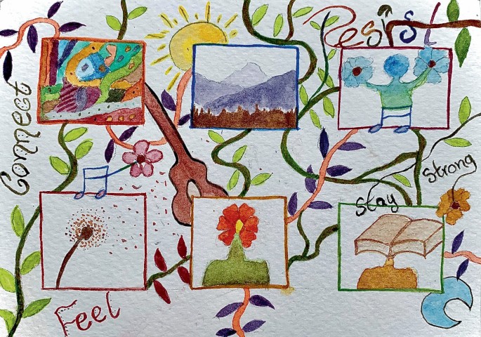 A painting presents vine branches with 6 squares, with the sun in the background. The squares have different drawings of mountains, flowers, and books. It also displays the words, connect, resist, feel, stay, and strong.
