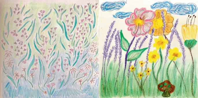 Two drawings. Left, a field with grass and several flowers. Right, many flowers of different sizes with grass and flowering grasses, a mushroom, and clouds in the sky.
