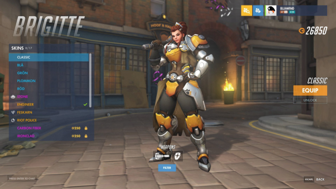 A screenshot of a game screen with a character named Brigitte who plays the role of a young woman. She wears a huge armor under the skin option classic.