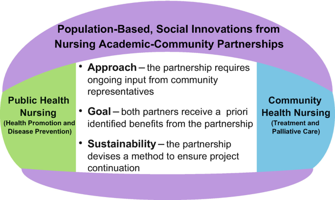 A model of population based, social innovations from nursing academic community partnerships, community health nursing, and public health nursing working on 3 principles, approach, goal, and sustainability.