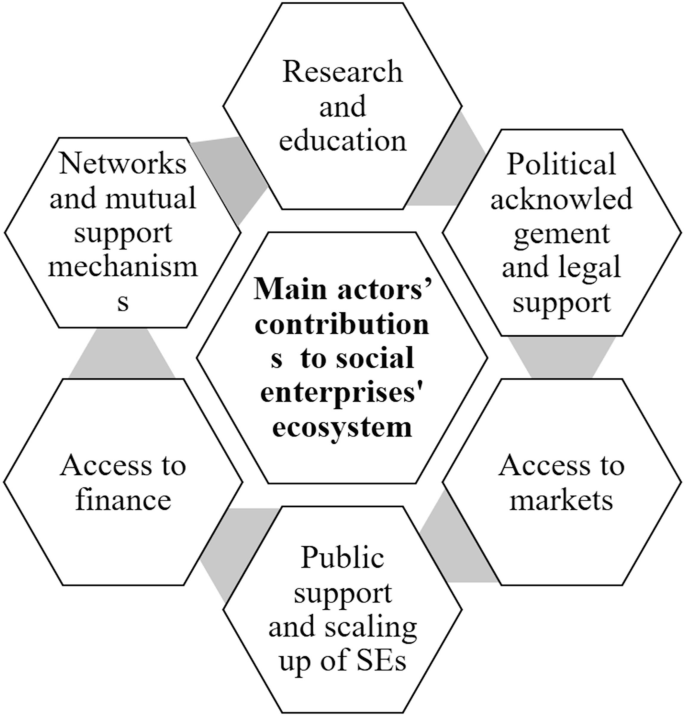 A model of main actor's contributions in research and education, political acknowledgement and legal support, access to markets and finance public support and scaling up of S Es, networks and mutual support mechanisms.