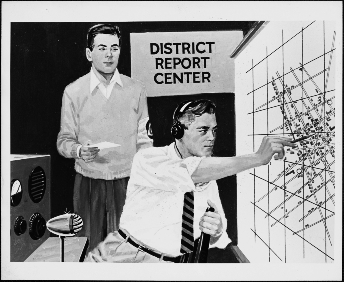 A 3-D drawing of two people. One person stands with a piece of paper in his hand while the other sits with headphones on his ear. He points toward some lines on the wall with a pencil in his hand. The text reads, district report center.