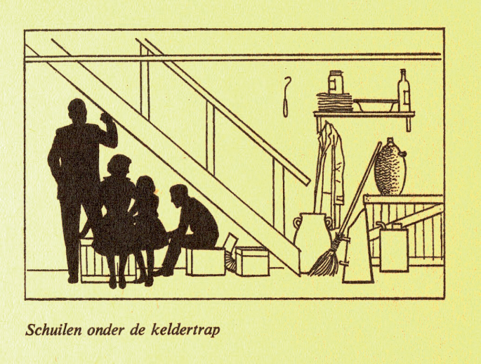 A drawing presents a man with his wife and children in a room with a staircase. There is a cloak hung on the wall, 2 large pots, a box, a broom, a shelf with some sheets, a jar, a bowl, and a bottle.
