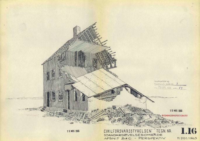 A blueprint of the 2 ruined houses. 1, Damaged first floor and attic. 2, fully damaged ruined houses and the pile of rubbles in front of the house.