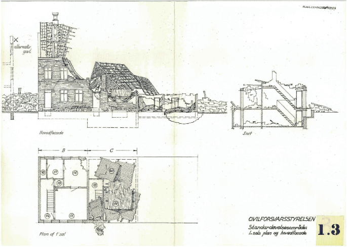 A blueprint of 5 ruined structures A to E. It presents an alternative house, main facade, and section with a plan view from the top. It also displays debris, rubbles, and crashed ceilings and floors.