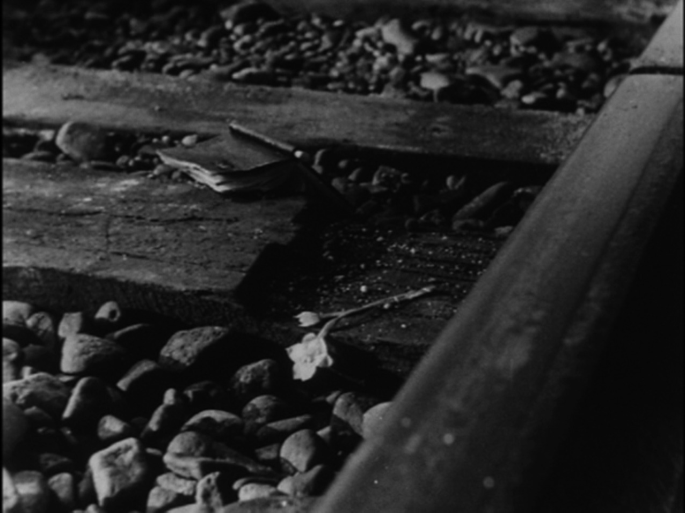 A photo of a small flower with a thin stem that lies on the train tracks. An open notebook lies face down on the tracks as well. The tracks have small stones and pebbles between the sleepers.