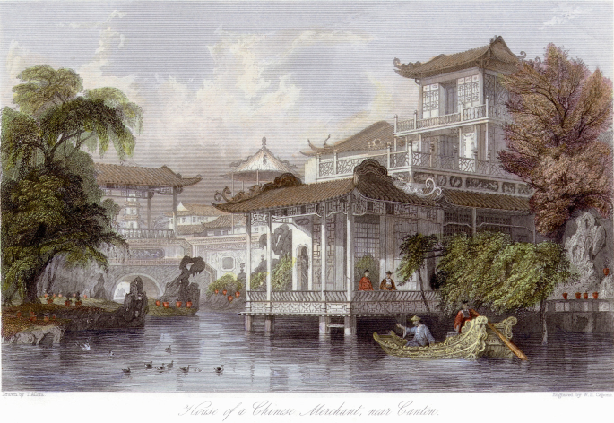 A painting of the waterfront gardens of Guangzhou. It depicts an elaborate waterfront with traditional Chinese style houses lining the waterfront.