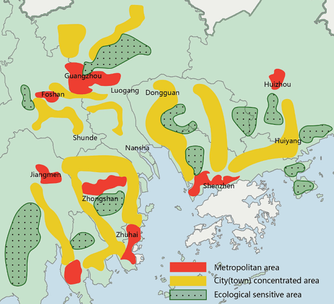 An area map locates 12 places, including Shunde, Foshan, and Huiyang. It has 3 clusters, each with metropolitan, city or town concentrated, and ecologically sensitive areas, pooled close together.