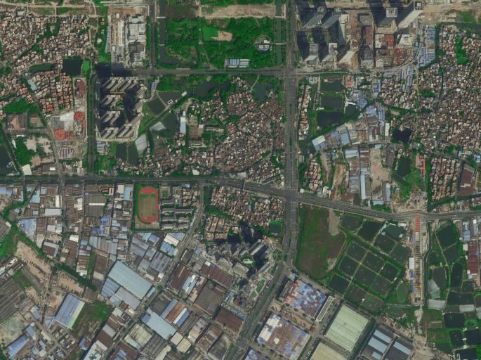 An aerial view of Dadun in 2020 displaying the inter-connected roads and highly developed infrastructure.