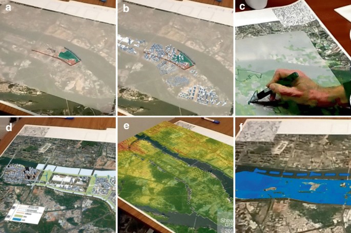 6 photos. a. A basic G I S data map with a tracing sheet. b. Augmented 3 D buildings on the tracing sheet. c. A person highlighting some areas. d and e. Geographic views of the specified area. f. River and its surrounding areas are elevated through G I S.